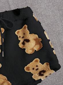 SHEIN EZwear Bear Drop Shoulder Teddy Pullover & Knot Front Shorts - Black - View 5