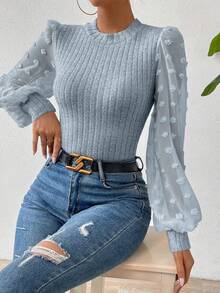 SHEIN Privé 圓點燈籠袖條紋針織上衣 - 藍色 - 查看 3