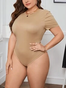 SHEIN Essnce Plus Solid Tee Bodysuit - Khaki - View 3