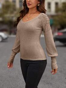 SHEIN LUNE Contrast Lace Lantern Sleeve Ribbed Knit Tee - Apricot - View 3