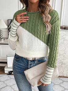 SHEIN Essnce Two Tone Cable Knit Drop Shoulder Sweater - Green - View 5