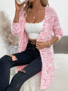 SHEIN LUNE Marled Knit Drop Shoulder Duster Cardigan - Red - View 4