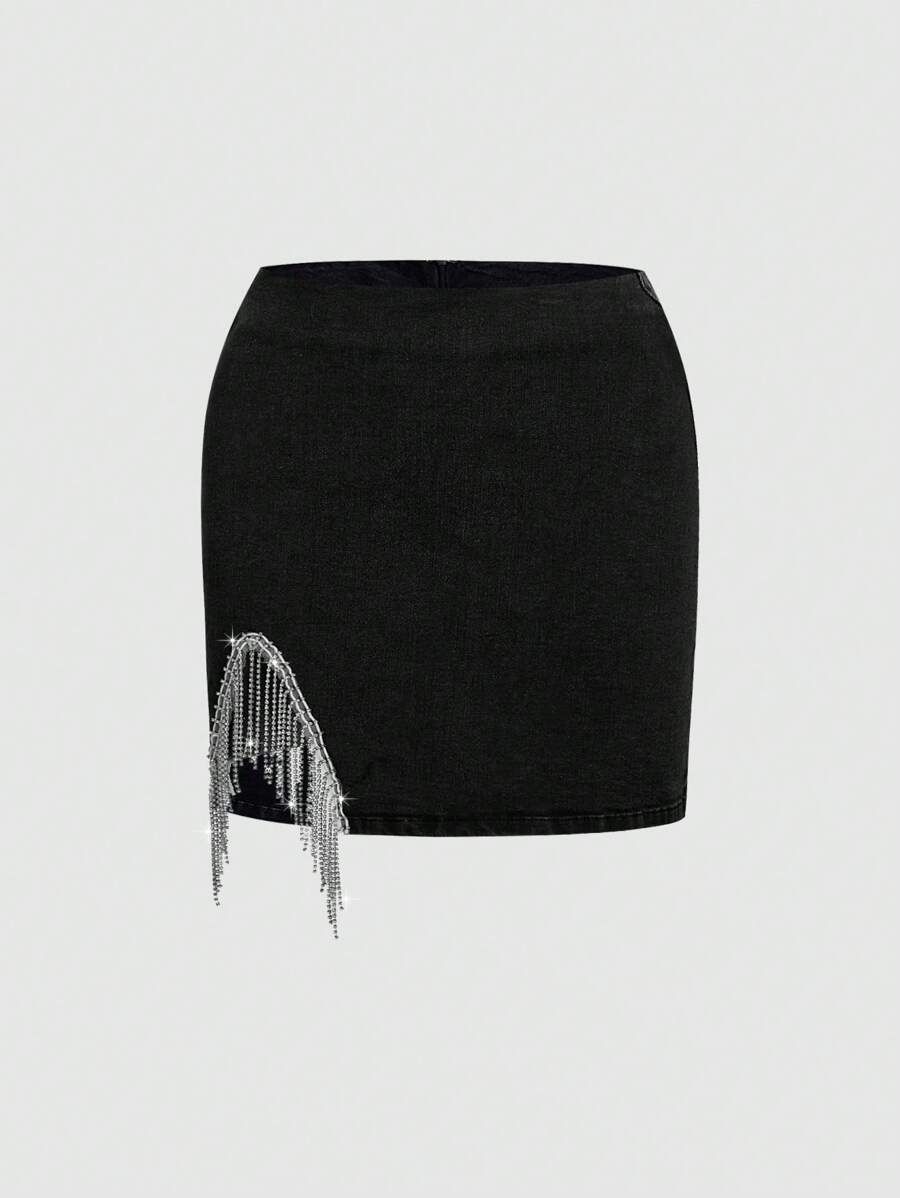 SHEIN MOD Rhinestone Fringe Trim Denim Skirt - Black - View 1