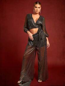 Hauture Glitter Wrap Top & Wide Leg Pants Two Pieces Set