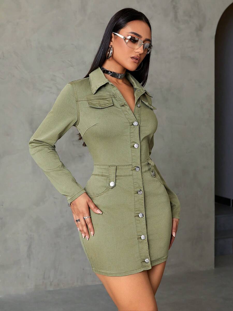 SHEIN ICON 扣釦前襟垂墜細節牛仔裙 - 軍綠色 - 查看 1