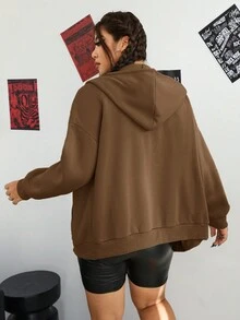 SHEIN Essnce Plus Zip Up Drop Shoulder Drawstring Thermal Lined Hoodie - Mocha Brown - View 2