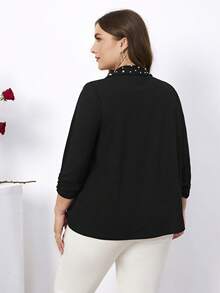 SHEIN Clasi 大尺碼珍珠裝飾瀑布領西裝外套 - 黑色 - 查看 2