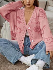 Flirla 大碼愛心圖案落肩袖開襟衫 - 粉色 - 查看 4