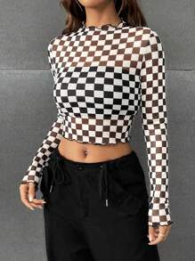 SHEIN EZwear Checker Print Lettuce Trim Crop Top Without Bra - Black and White - View 5