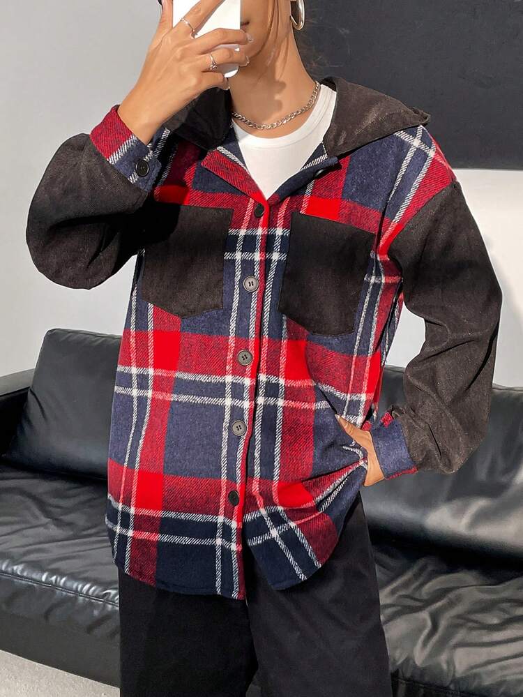Plaid Print Drop Shoulder Hooded Coat Fall Cloth For Women