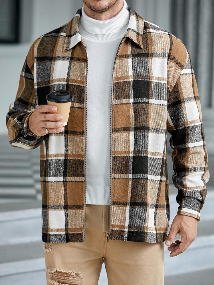 Men Plus Plaid Print Drop Shoulder Overcoat, For Fall Winter