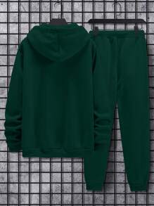 Manfinity Homme Men Letter Graphic Kangaroo Pocket Drawstring Hoodie & Sweatpants - Dark Green - View 2