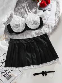 Plus Contrast Lace Underwire Costume Set - Black and White - View 1