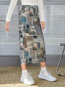 SHEIN 適合青少年女孩的針織牛仔布拼接休閒直筒裙 - 彩色 - 查看 3