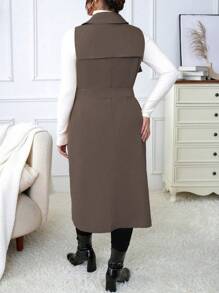 Calvaya Plus Size Double Breasted Belted Sleeveless Trench Coat - Coffee Brown - View 2