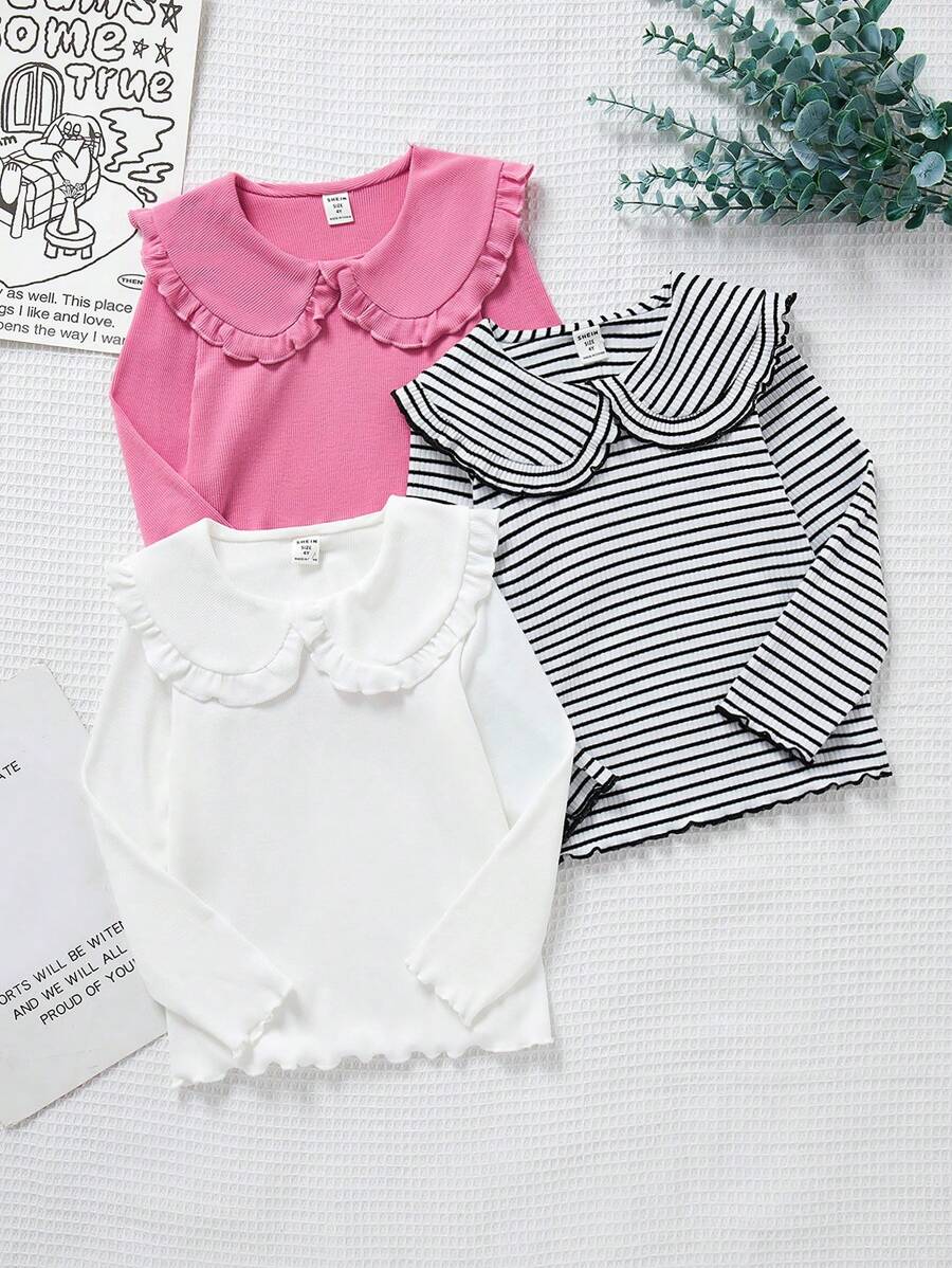 SHEIN Genkimix Kids مجموعة تي شيرت ثلاثية الأجزاء للفتاة الصغيرة ، بأسلوب عارض ومريح ودافئ لفصلي الخريف/الشتاء