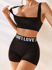 SHEIN Letter Tape Panel Lingerie Set - Black - View 4