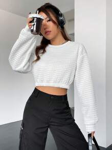 SHEIN Unity Drop Shoulder Textured Crop Pullover Graduation,Back To School Outfits,Graduation,Teacher Outfits For Women,Back To School  Fall Outfit - White - View 5