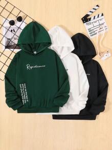 SHEIN 3件套宽松学院风印花卫衣套装，适合青少年男孩 - 墨綠色 - 查看 1