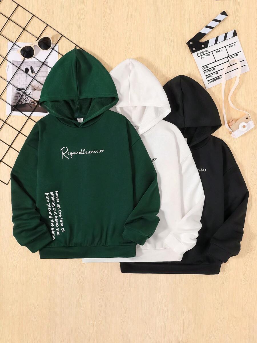 SHEIN 3件套宽松学院风印花卫衣套装，适合青少年男孩 - 墨綠色 - 查看 1