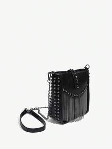 SHEIN ICON Metal Tassel Decor Motorcycle Style Rivet Crossbody Bag - Black - View 2