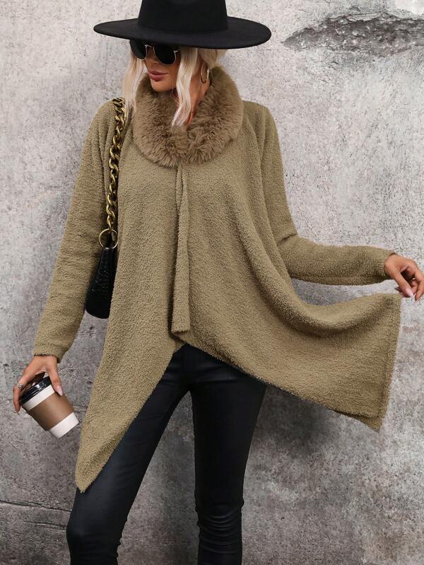 EMERY ROSE Fuzzy Collar Asymmetrical Hem Cardigan