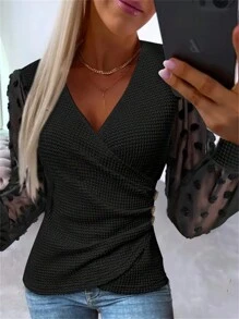 SHEIN EZwear 大尺碼女士交叉前裝網紗拼接長袖上衣 - 黑色 - 查看 3