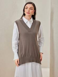 Seusyu 1pc Split Hem Sweater Vest - Coffee Brown - View 3