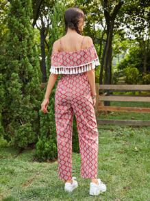 SHEIN WYWH 滿版印花流蘇邊挖肩闊腿連體褲 - 紅色 - 查看 2