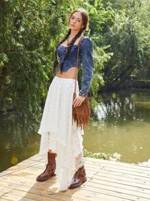 Soleia Sweetheart Neck Asymmetrical Hem Crop Denim Top - Blue - View 4