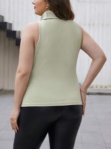 SHEIN Privé Plus Size Elegant Ribbed High Neck Tank Top For Summer - Army Green - View 2