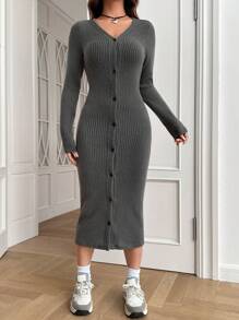 SHEIN EZwear Màu xám Dệt kim Của phụ nữ Tay áo dài Đầm - Xám - Xem 3