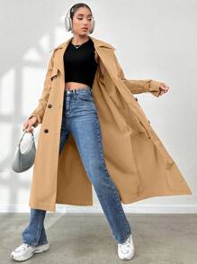 SHEIN Essnce 女性雙排扣腰帶風衣外套 - 卡其色 - 查看 4