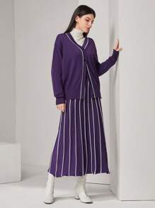 Mulvari 女士紫色條紋毛衣與裙子套裝 - 紫色 - 查看 3