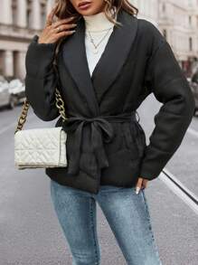 SHEIN LUNE 披肩领加厚棉服外套冬季衣服带斜口袋和腰带 - 黑色 - 查看 4