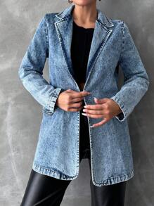 EURMUSE Women's Lapel Collar Front Open Denim Jacket - Medium Wash - View 1