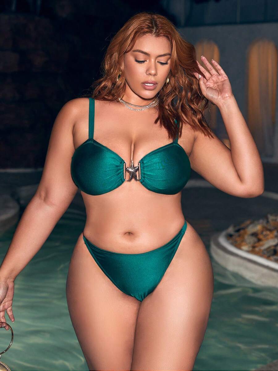 Swim Vcay 金屬海星裝飾大尺碼女款比基尼泳衣套裝 - 水鴨藍 - 查看 1