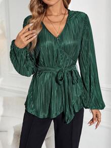 EMERY ROSE Textured Tie Waist Women's Top - Green - View 5