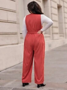 SHEIN Essnce Talla grande Mono con botón delantero de pana sin camiseta - Rojo - Ver 2