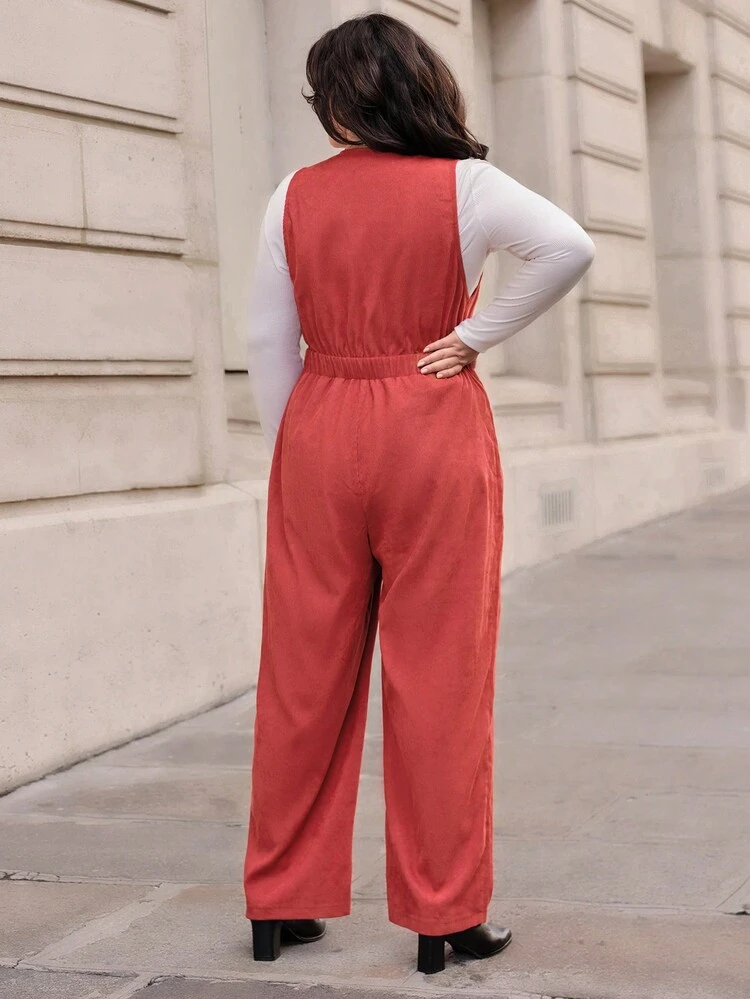 Plus Button Front Corduroy Jumpsuit Without Tee