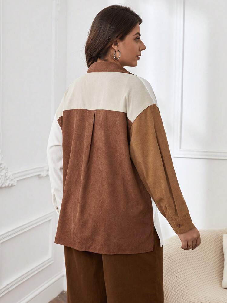 Plus Colorblock Drop Shoulder Pocket Patched Corduroy Coat