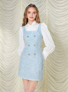 SHEIN MOD Double Breasted Detail Plaid Tweed Dress Without Blouse - Blue and White - View 2