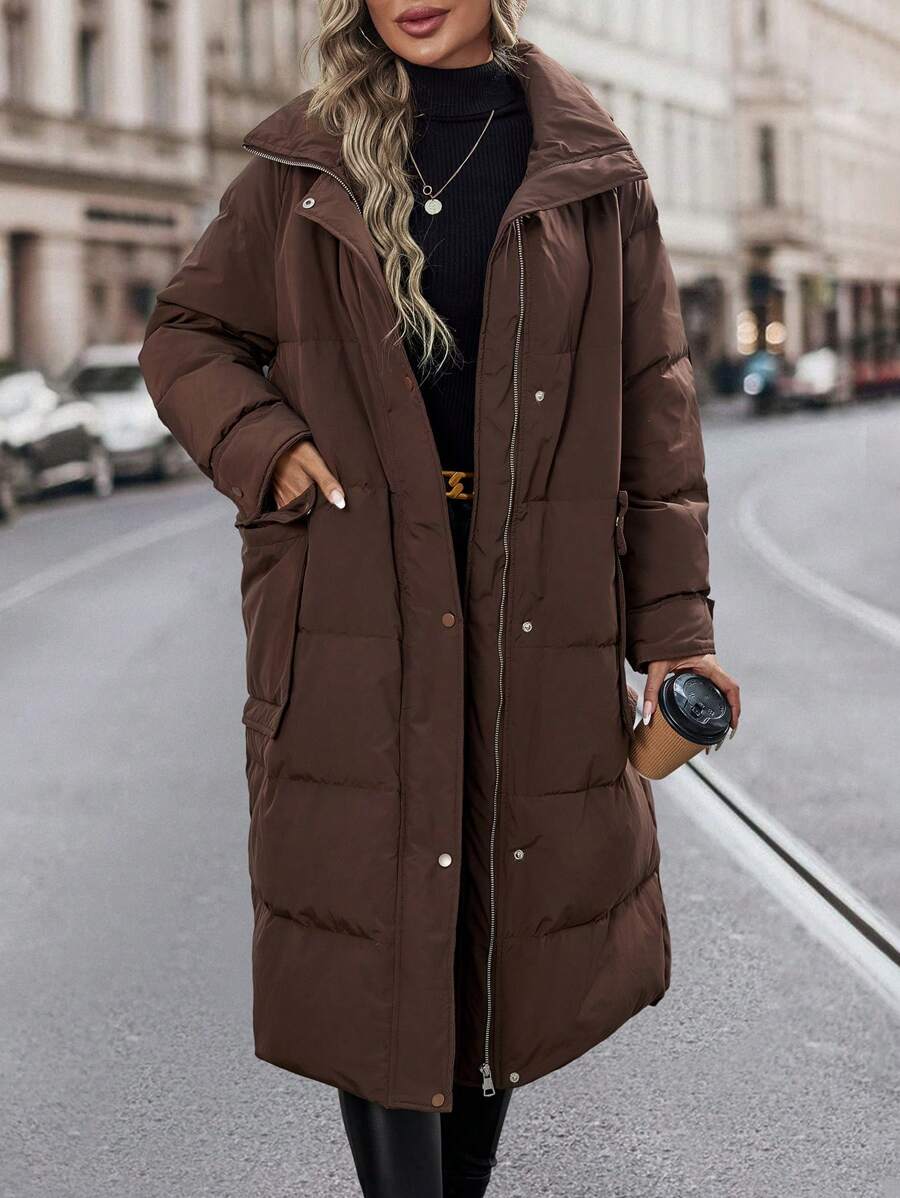 SHEIN Unity Abrigo con bolsillo con solapa de hombros caídos con capucha - Café integral - Ver 1