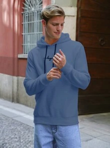 RueChic Men Letter Embroidery Drawstring Hoodie - Baby Blue - View 3