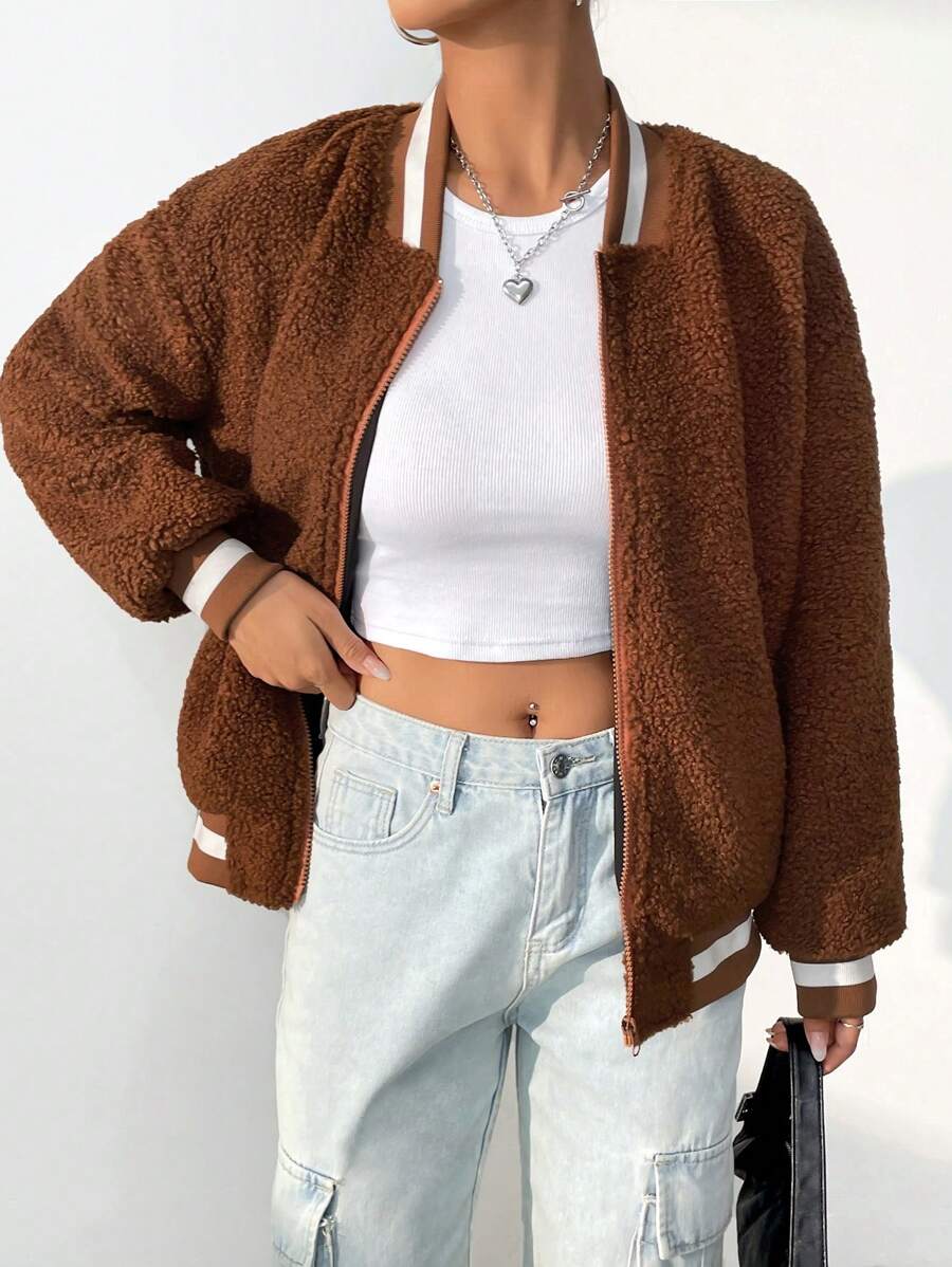 SHEIN Unity Striped Trim Drop Shoulder Zipper Teddy Bomber Jacket - Chocolate Brown - View 1