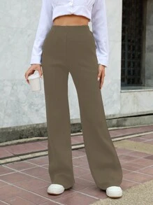 EURMUSE Pantalones De Punto Acampanados Con Cintura Alta En Color Sólido - Beis - Ver 1