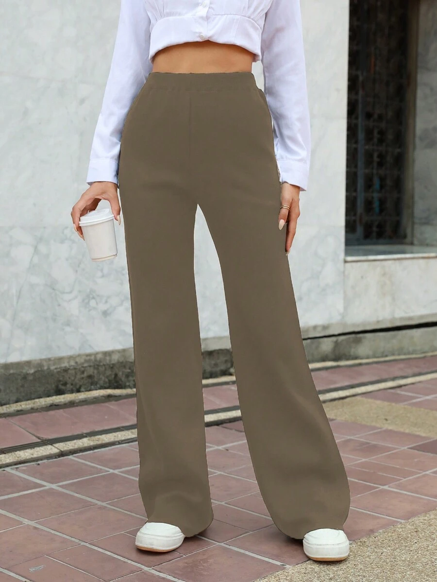 EURMUSE Pantalones De Punto Acampanados Con Cintura Alta En Color Sólido - Beis - Ver 1