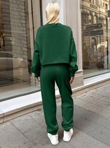 SHEIN Cottnline Letter Embroidery Top + Pants Women's 2-piece Set - Green - View 2