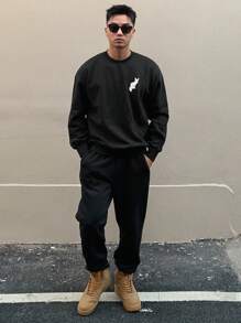 DAZY Men's Cartoon Letter Printed Drop-shoulder Sweatshirt - Dark Grey - View 7