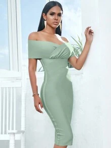 ADYCE Surplice Neck High Waist Zip Back Bodycon Midi Wedding Cocktail Party Bandage Dress - Mint Green - View 6